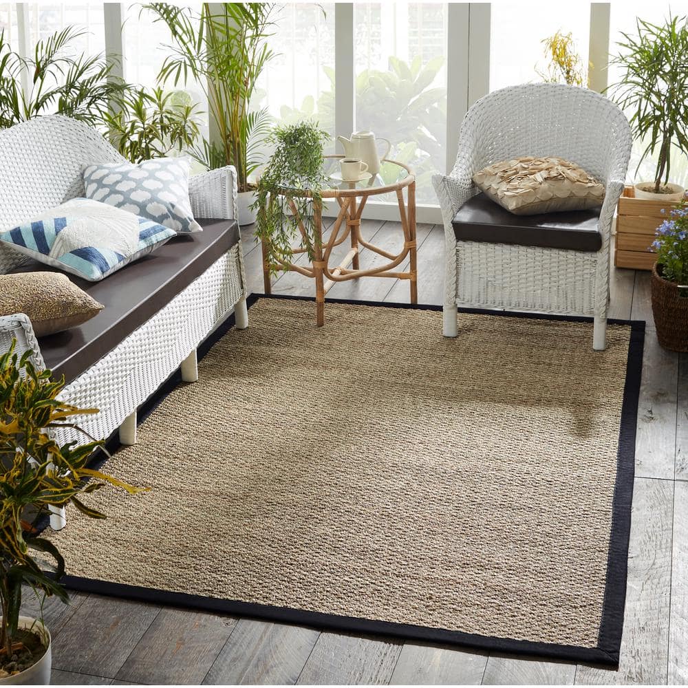 Natural Seagrass Area Rug with Black Cotton Border, 5'x7'