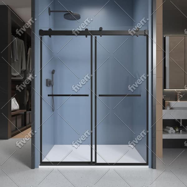 60 in. W x 76 in. H Double Sliding Frameless Shower Door in Matte Black with Soft-Closing and Clear 3/8 in. Glass