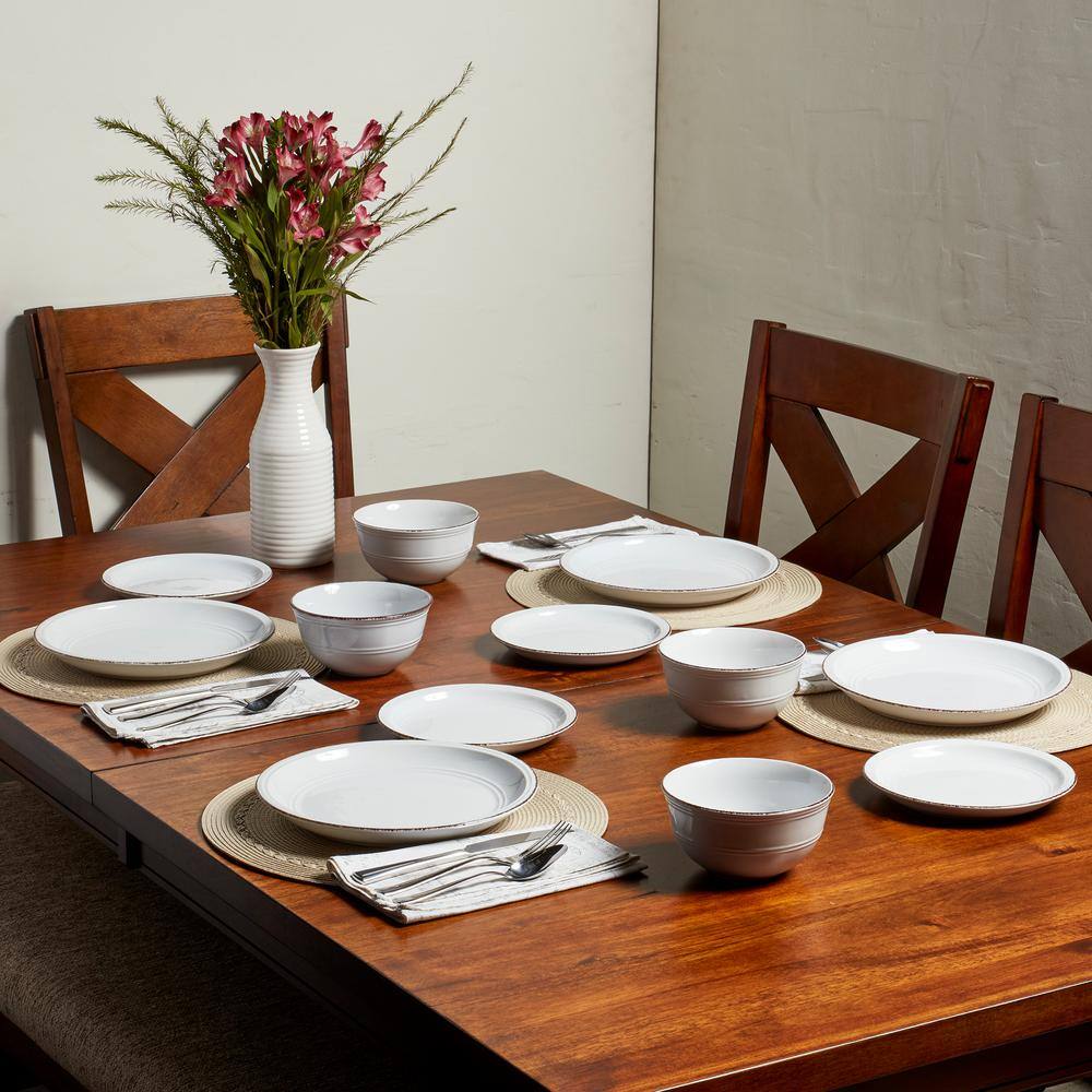 White Ceramic Farmhouse Dinnerware Set, Service for 4