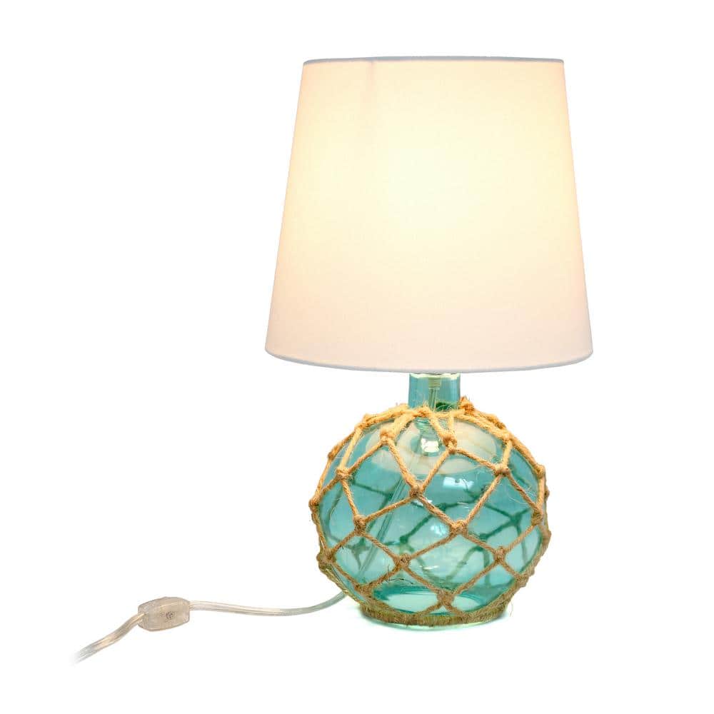 Aqua Glass Table Lamp with White Fabric Shade and Rope Netting