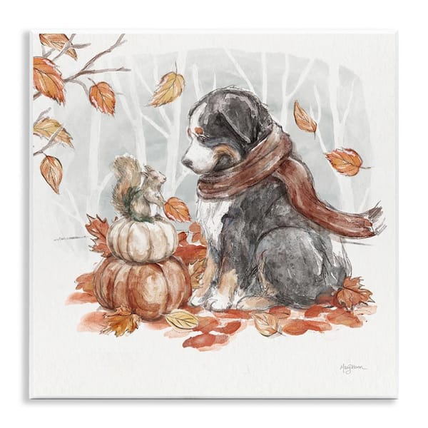 Stupell Industries Dog and Fall Pumpkins by Mary Urban Unframed Graphic Typography Art Print 12 in. x 12 in.