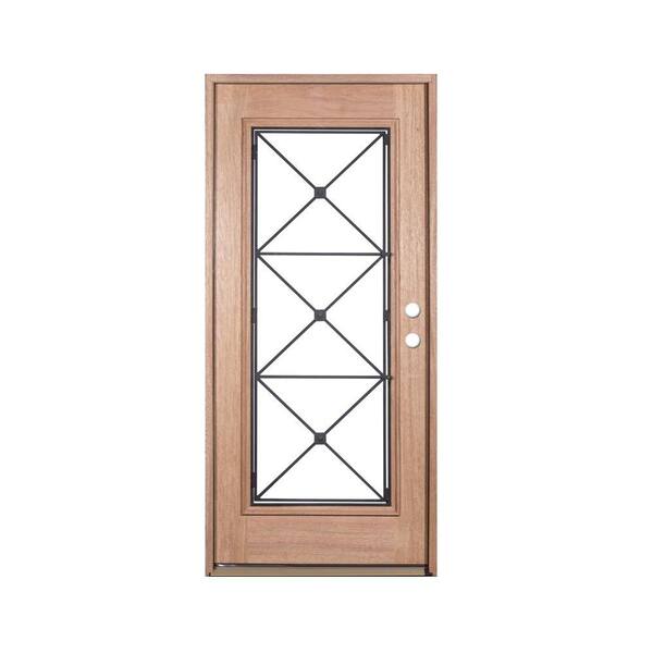 Exclusive Wood Doors 36 in. x 80 in. Operable Decorative Wrought Iron Unfinished Mahogany Left-Hand Solid Wood Prehung Front Door