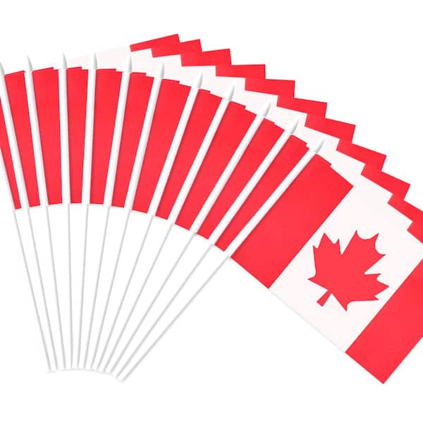 ANLEY Canada Stick Flag Canadian 5 in. x 8 in. Handheld Mini Flag with 12 in. White Solid Pole Handheld and Spear Top 1-Dozen
