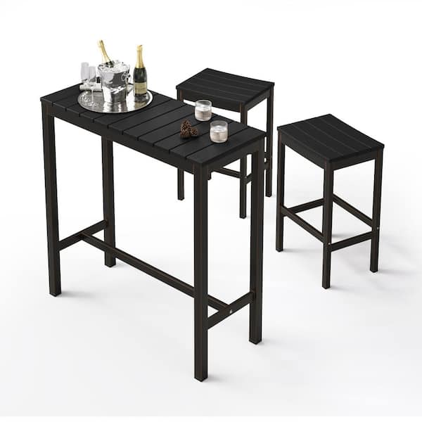 LUE BONA Humphrey 3 Piece 39 in. Black Alu Outdoor Patio Dining Set Pub Height Bar Table Plastic Top With Bar Stools For Balcony