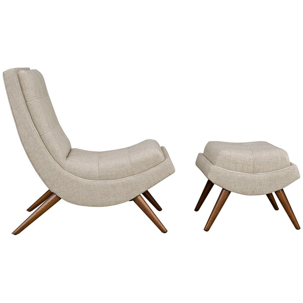 Beige Fabric Lounge Chair Set with Cherry Wood Legs