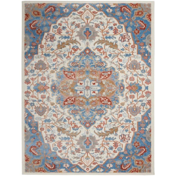 Elation Ivory Blue 4 ft. x 6 ft. Center Medallion Traditional Area Rug