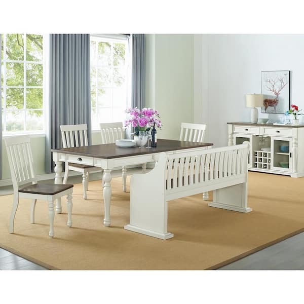 Steve Silver Joanna 6-Piece Ivory and Mocha Brown Wood Dining Set with 4 Side Chairs and Bench with Back