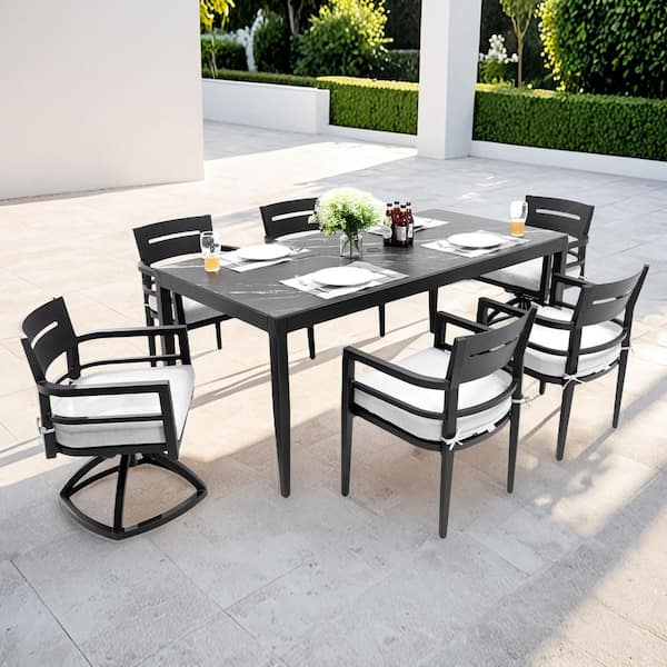 Delia 7-Piece Aluminum Rectangular Patio Outdoor Dining Set with Light Gray Cushions, Dining Chairs, Swivel Rockers