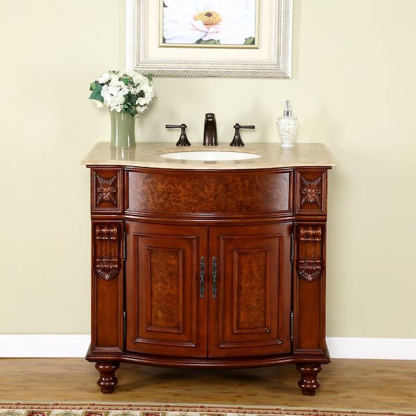 Silkroad Exclusive 55-in Dark Walnut Undermount Double Sink Bathroom Vanity  with Travertine Top in the Bathroom Vanities with Tops department at