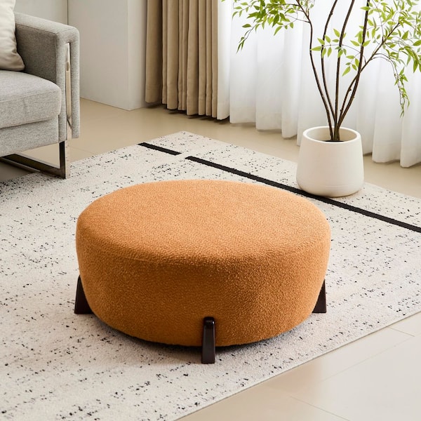 Pumpkin Orange Modern Boucle Fabric Top Round Medium Ottoman with Splayed Rubber Wood Legs