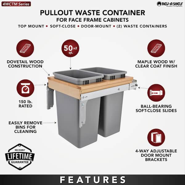 Gray Pull Out Top Mount Trash Can w/ Soft-Close, 50 Qt