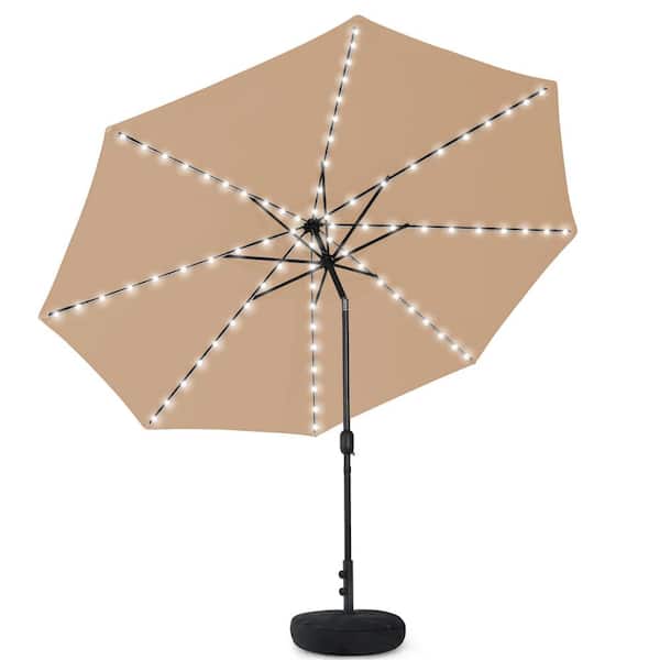 AURA OUTDOOR 9 ft. Tan Round Solar LED Metal Rotation Cantilever Offset Outdoor Patio Umbrella with a Base in Sand