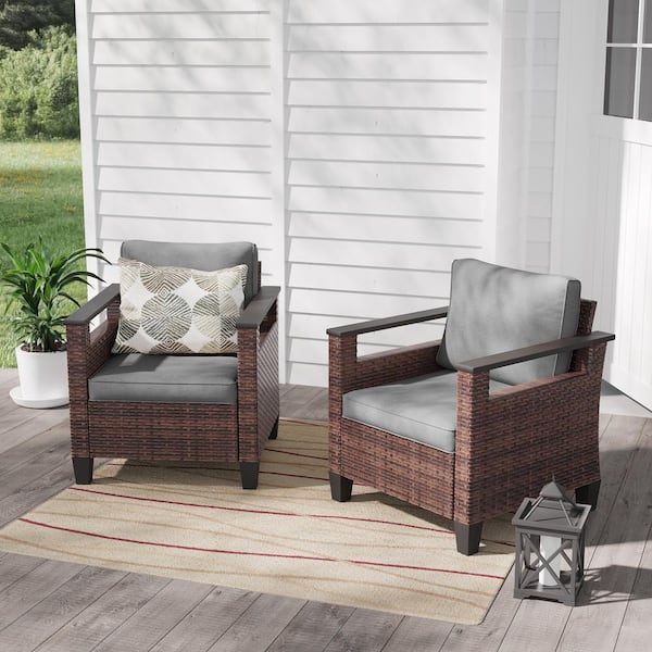 Sonkuki 2-Pieces Brown PE Wicker Patio Chairs Set All-Weather Patio Conversation Couch with Gray Cushion