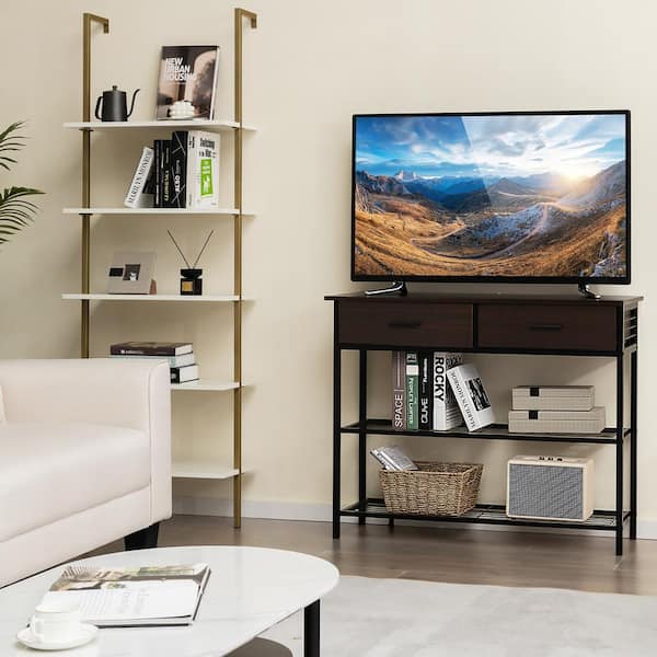 Costway 39.5 in. Walnut Rectangle Wood Console Table Entryway Sofa Table with 2 Drawers for Entrance Living Room M1C 10N4 A28WF