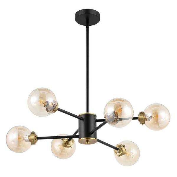 6-Light Black Modern Chandelier Sputnik Pedant Light Fixture with Large  Amber Glass Globe Shade