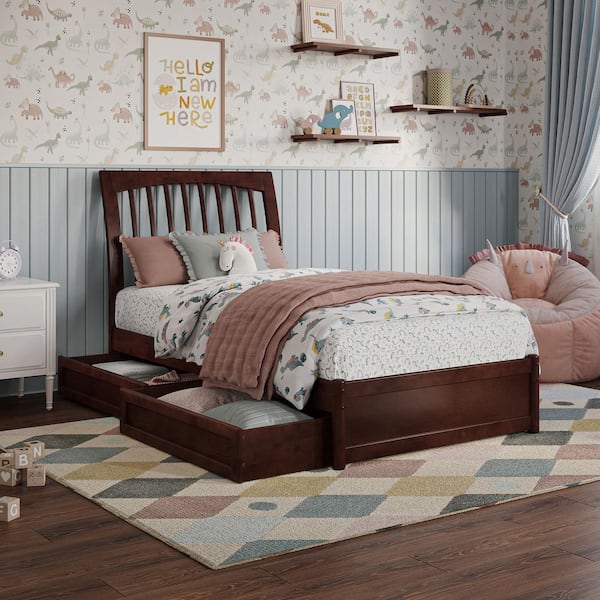 AFI Roslyn Walnut Brown Solid Wood Frame Twin Platform Bed with Panel Footboard and Storage Drawers