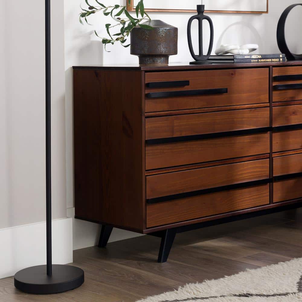 Walnut Mid-Century Modern 60" Solid Wood 6-Drawer Dresser