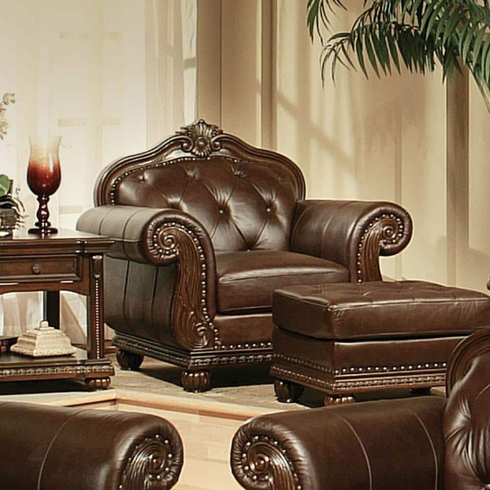Espresso Vintage Elegance 47" Leather & Wood Accent Chair