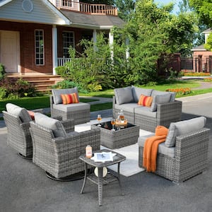 Artemis Gray 8-Piece Wicker Patio Conversation Seating Sofa Set with Dark Gray Cushions and Swivel Rocking Chairs
