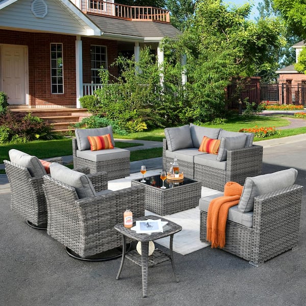 XIZZI Artemis Gray 8-Piece Wicker Patio Conversation Seating Sofa Set with Dark Gray Cushions and Swivel Rocking Chairs