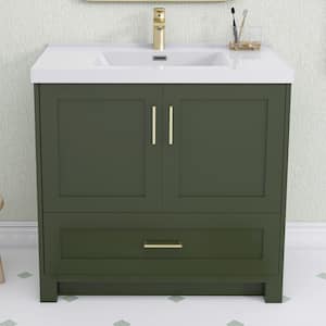 36 in. W x 22 in. D x 35 in. H Single Sink Freestanding Bath Vanity Cabinet in Green with White Stone Resin Vanity Top