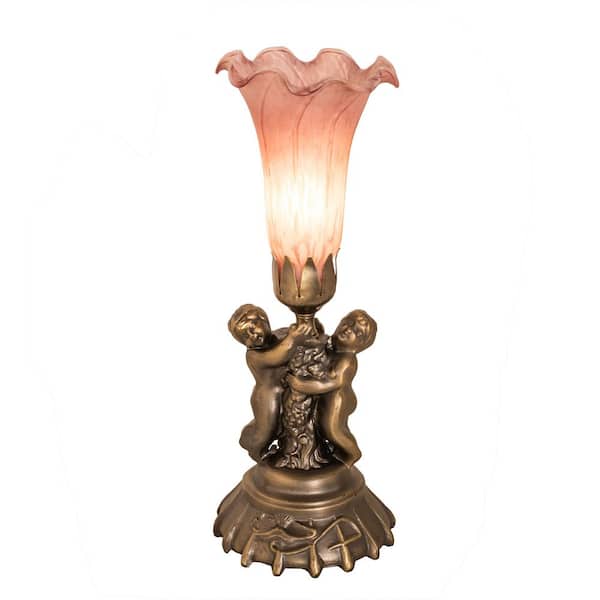 MEYDA Pond Lily 13 in. Antique Brass Novelty Victorian Twin Cherub Table Lamp with Pink Glass Shade
