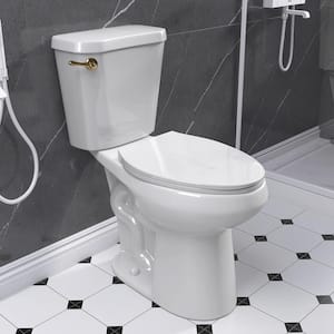 2-Piece 1.28 GPF 19 in. Height Single Flush Elongated 12- in. Rough-in Modern Toilet in White Seat Included Gold Handle