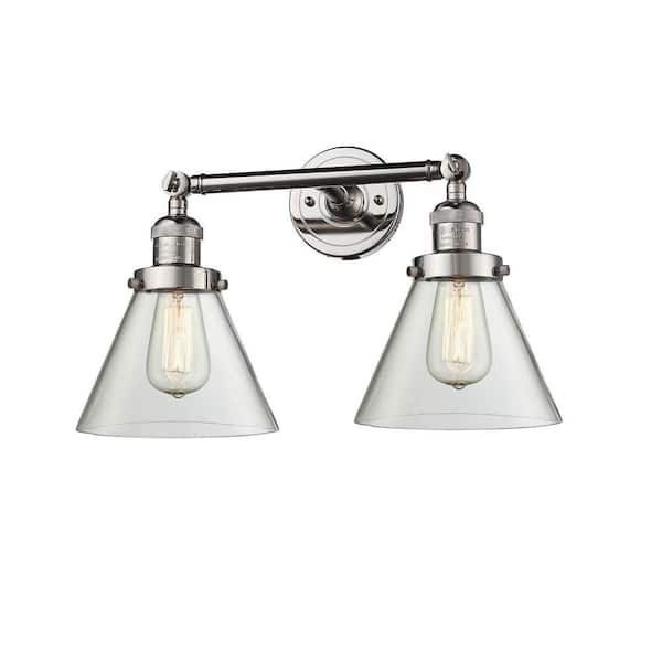 Cone 18 in. 2-Light Polished Nickel Vanity Light with Glass Shade