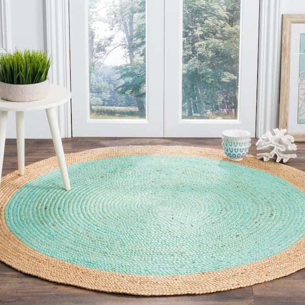 Natural Fiber Aqua/Beige Doormat 3 ft. x 3 ft. Round Border Area Rug