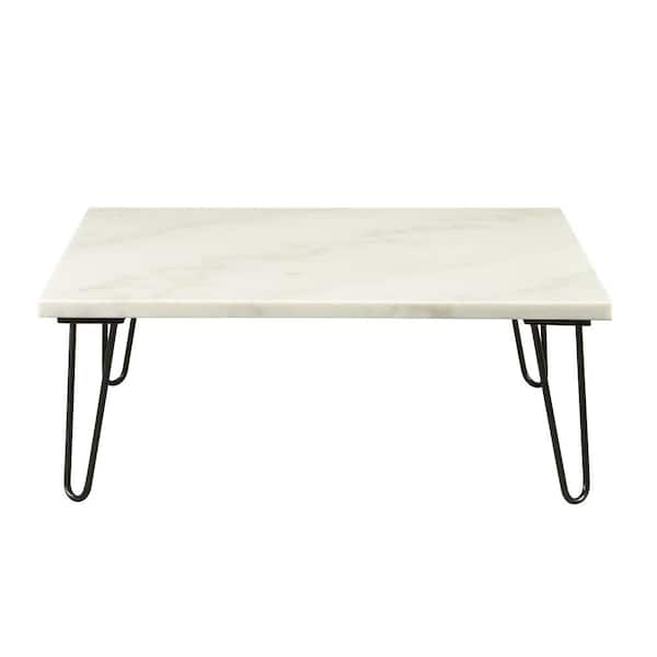 Acme Furniture Telestis 40 in. Marble and Black Square Stone Coffee Table with Metal Geometric Leg