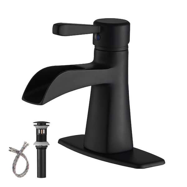 Unbranded Single Handle Single Hole Bathroom Faucet with Waterfall and Drain Assembly in Matte Black