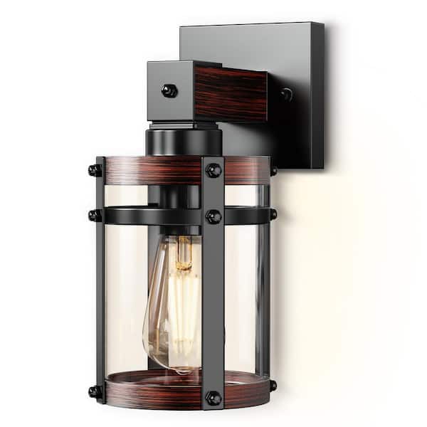 8 in. Black 1-Light Wall Sconce with Wood Grain Glass Cylinder Shade (Bulbs Not Included)