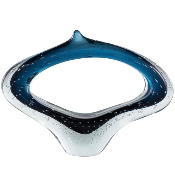 Litton Lane Dark Blue Glass Cutout Oval Ombre Abstract Sculpture with Bubble Texturing and Clear Accents