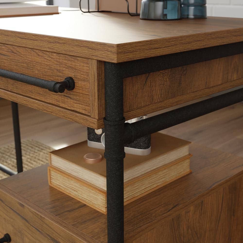 Brown Wood L-Shaped Computer Desk with Drawer and Filing Cabinet