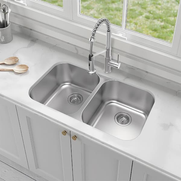 Builder 31 in. Undermount Double Bowl 18 Gauge Stainless Steel Kitchen Sink with Strainer