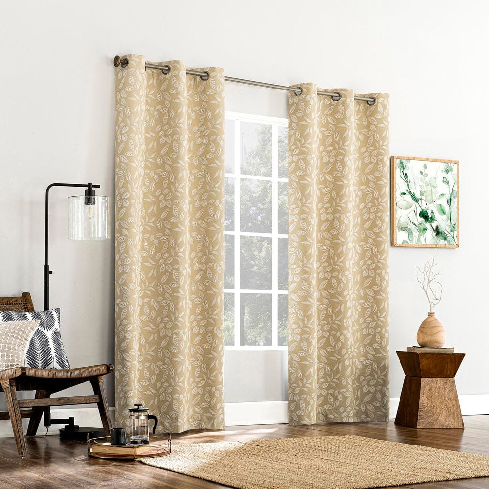 Gold Embroidered Leaf Blackout Grommet Curtain Panel 40" x 84"