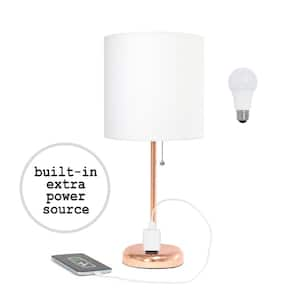 19.5 in. White Shade Rose Gold Stick Table Desk Lamp for Bedroom with Charging Outlet and LED Bulb Included