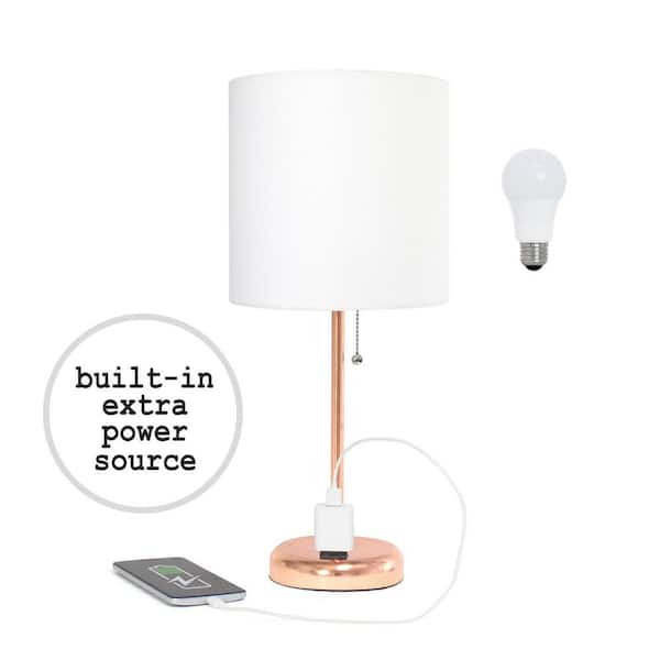 Simple Designs 19.5 in. White Shade Rose Gold Stick Table Desk Lamp for Bedroom with Charging Outlet and LED Bulb Included