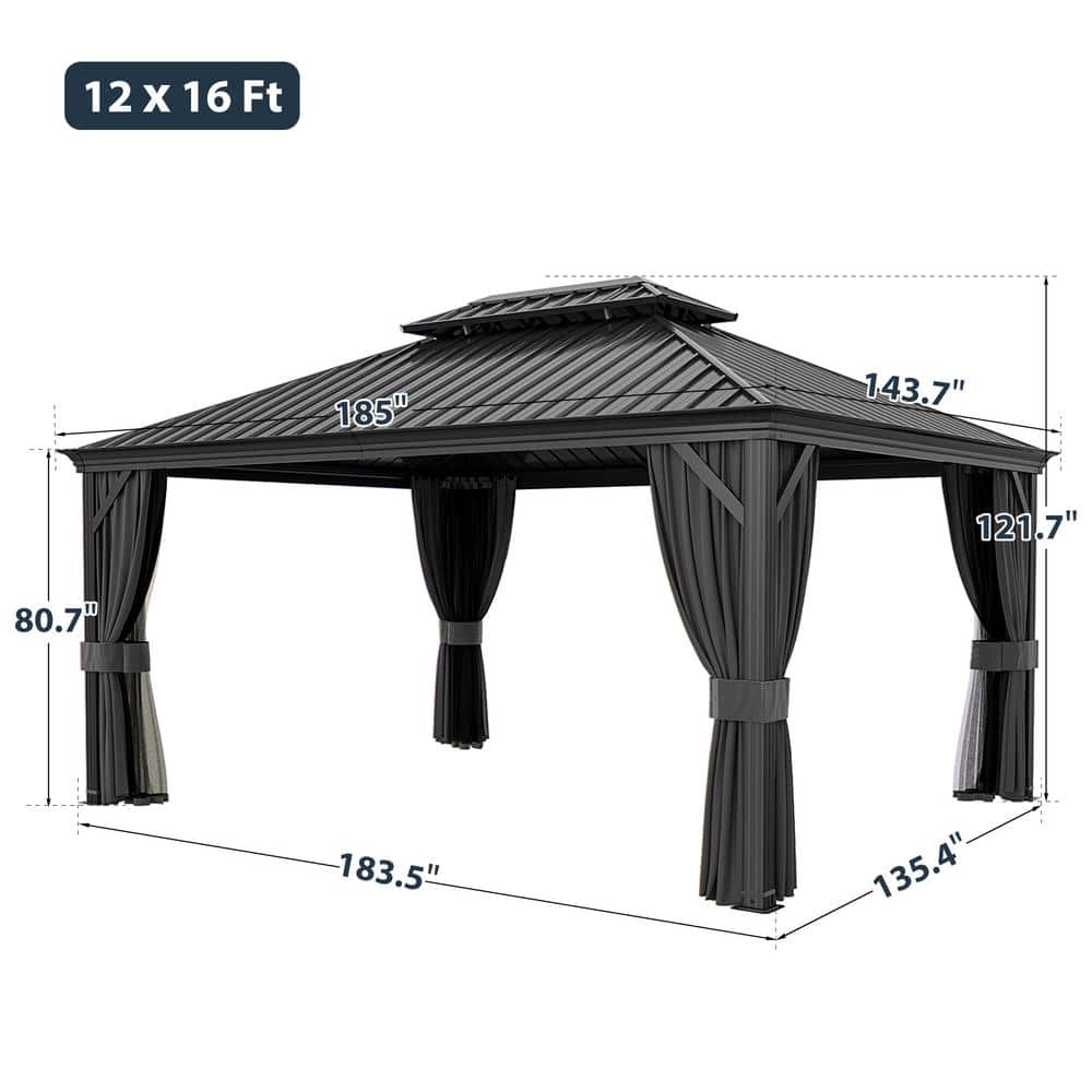 12 ft x 16 ft Black Aluminum Patio Gazebo with Gray Curtains