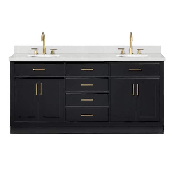 Hepburn 72 in. Double Sink Freestanding Bathroom Vanity in Black with Carrara White Quartz Top