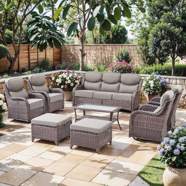 Moon Luxe Brown Swivel Glider Wicker Patio Conversation Set with Gray Olefin 6 in. Thick Cushions (8-Piece)
