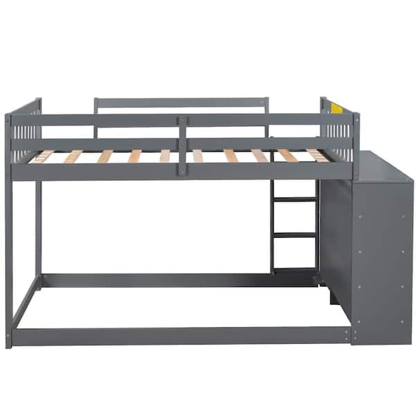Angel Sar Gray Twin Over Twin Bunk Bed with Attached Cabinet and Shelves Storage