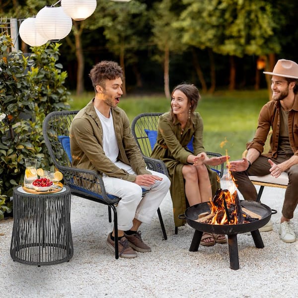 3-Piece Wicker Outdoor Bistro Set Conversation Chairs with Soft Cushions Gray