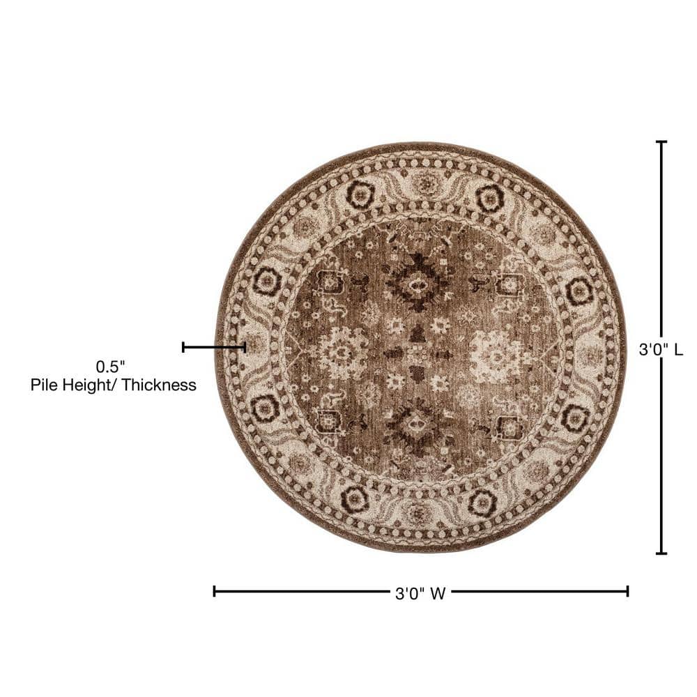 Taupe Floral Round Non-slip Synthetic Rug, 36"