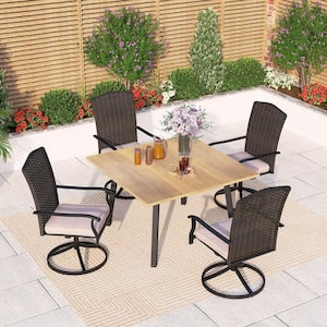 Black 5-Piece Metal Patio Outdoor Dining Set with Wood-Look Square Table and Fan-Shaped Rattan Cushioned Swivel Chairs