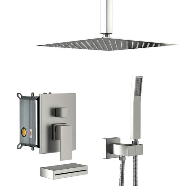 Fapully Single Handle 3-Spray Tub and Shower Faucet with 12 in. Shower Head, 1.8 GPM in Brushed Nickel Valve Included