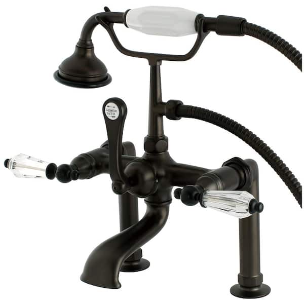 Kingston Brass Crystal Lever 3-Handle Deck-Mount High-Risers Claw Foot Tub Faucet with Handshower in Oil Rubbed Bronze