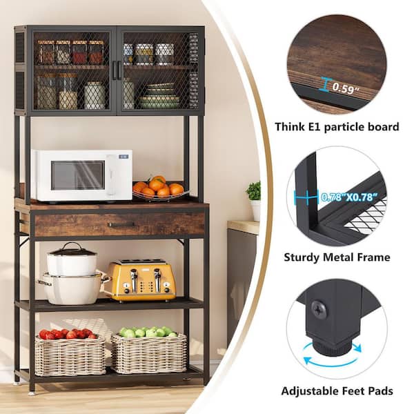 VASAGLE Baker's Rack, Microwave Stand with Wire Basket, 6 Hooks, and Shelves, for Spices, Pots, and Pans, Rustic Brown and Black