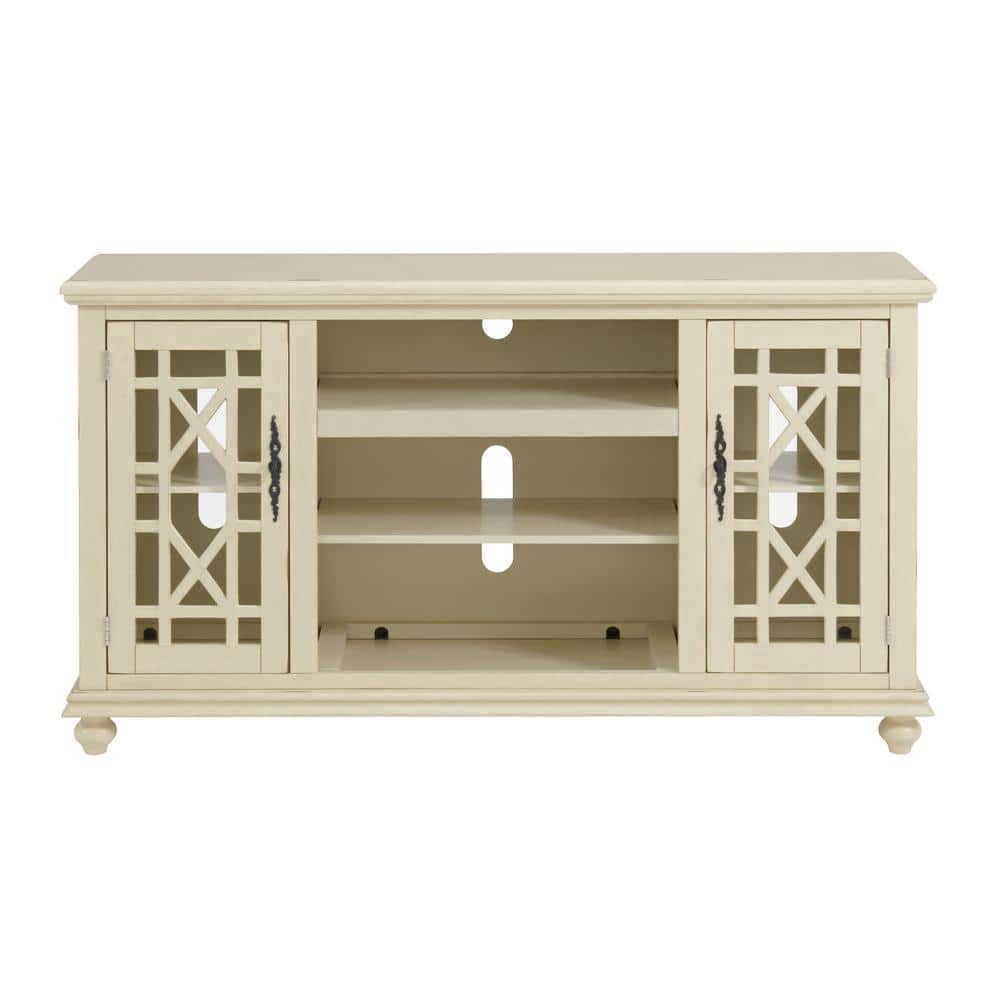 Parisian Antique White 63" Pine & Glass Elegant TV Stand with Cabinet