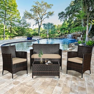 4-Pieces Rattan Patio Outdoor Furniture Set with Beige Cushioned Chair Loveseat Table